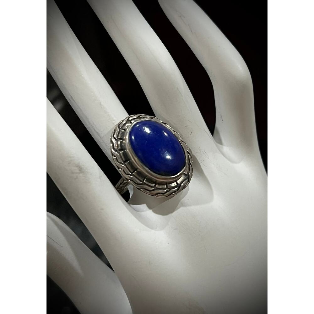 Large STS Sterling Silver & Lapis Lazuli Basket Weave Statement Ring - Picture 3 of 12